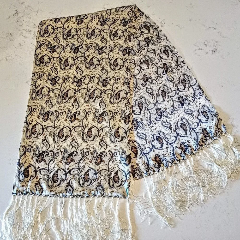 Chinese Paisley Print Silk Oblong Fringed Scarf